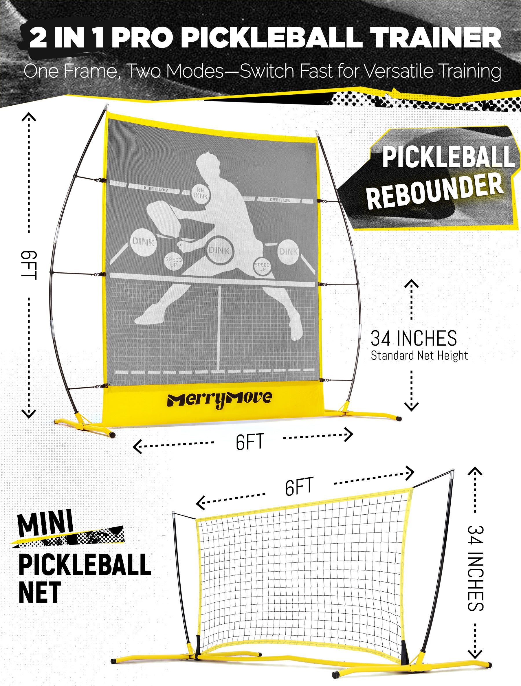 Pickleball Practice Rebounder Net: Portable 2in1 Trainer for Indoor Outdoor Dink Volley