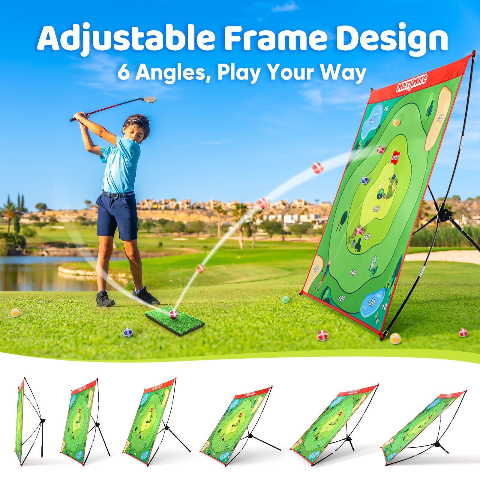 Golf Chipping Game Set : Portable 6-Angle Adjustable Practice Mat Set with 20 Sticky Balls for Indoor Outdoor Training & Family Fun (Golf Club Not Included)